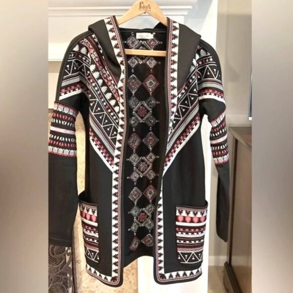 Tasha Polizzi Hooded Embroidered Red Black Open Front Cardigan Sz S Aztec - Picture 1 of 8